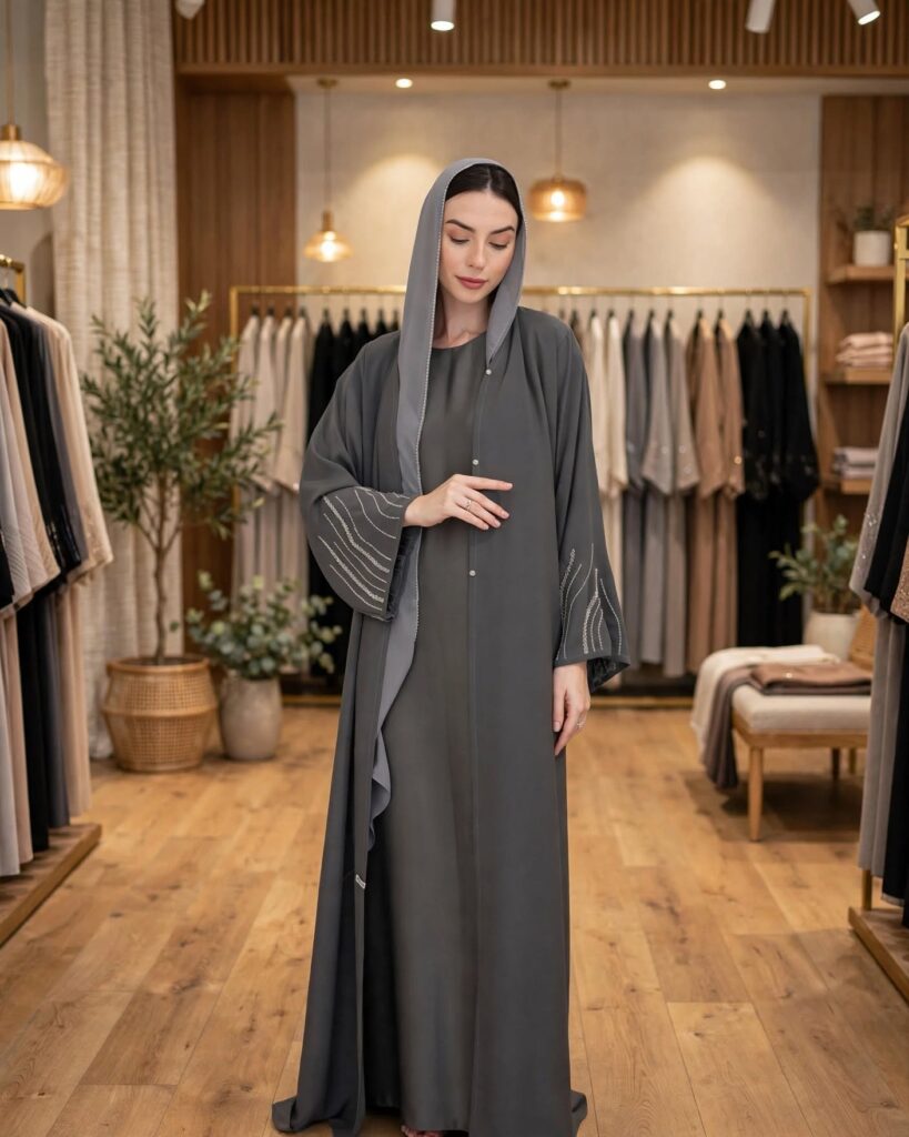 Charcoal Grey Hooded Abaya with Intricate Silver Threadwork - Photo 1