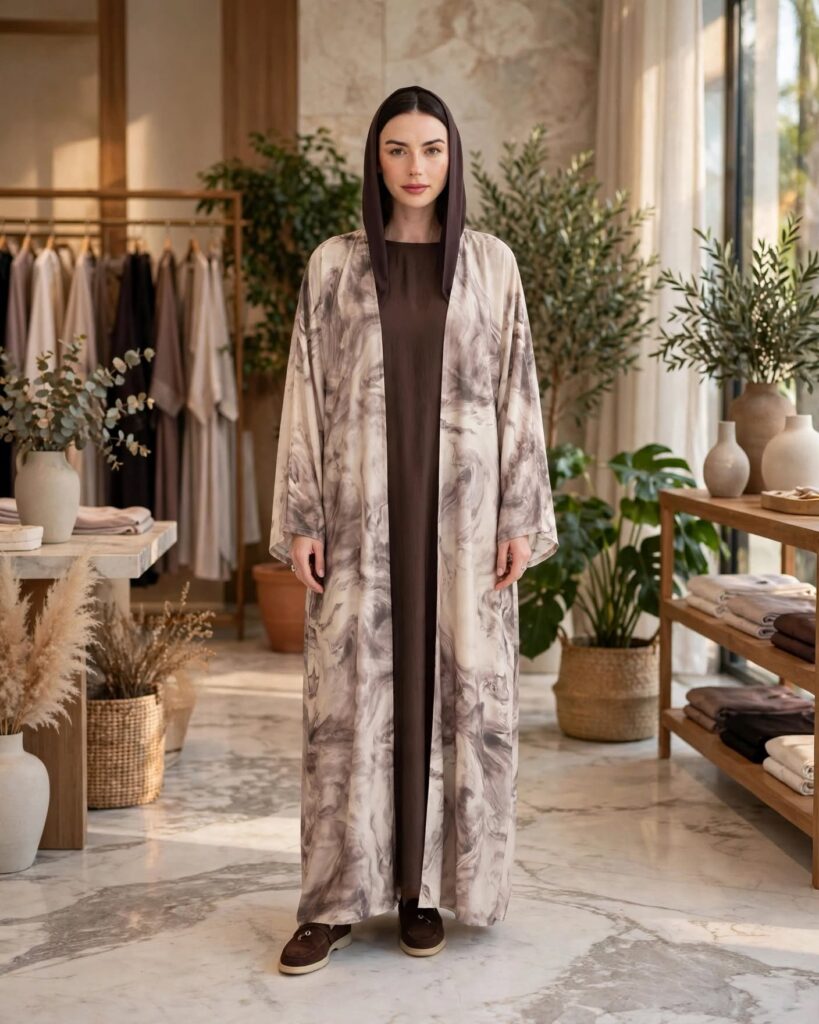 Ethereal Marble Print Hooded Abaya & Dress Set – Earthy Mocha Elegance - Photo 1