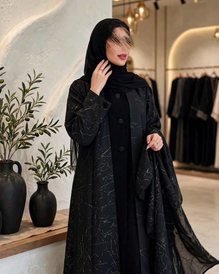 Midnight Marble Abstract Print Abaya Set with Matching Inner & Hijab