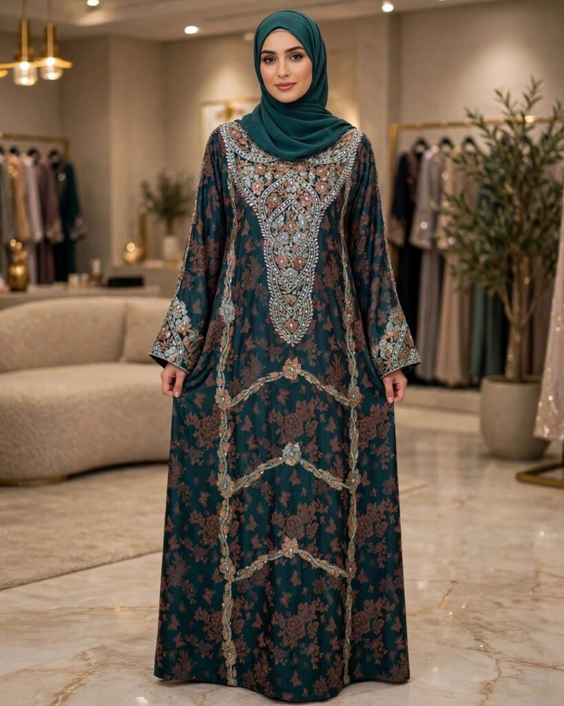 Midnight Emerald Floral Embroidered Kaftan Abaya – Rich Embellished Heritage Ensemble - Photo 1
